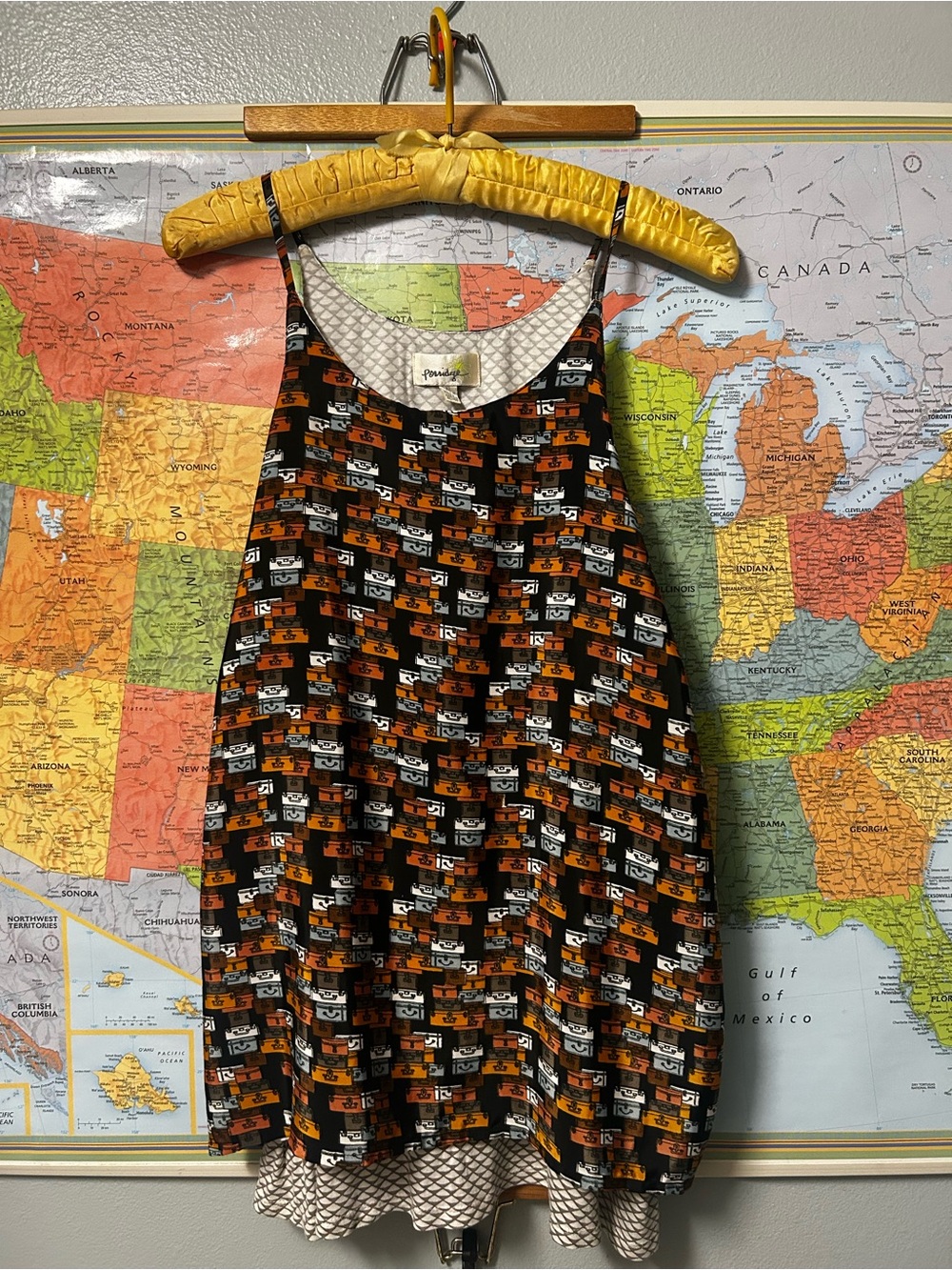 Anthropologie Black and Orange Suitcase Patterned Sleeveless Blouse